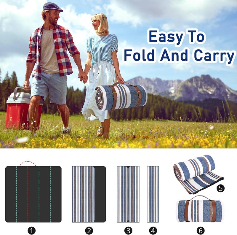 Timirock Striped Picnic Blankets 80” x 80” Extra Large Waterproof and Foldable Beach Blanket, Oversized Blue and White Outdoor Blanket for Camping, Travel, Park, Grass, Patio (Blue & Brown, 80" x 80") - Image 5